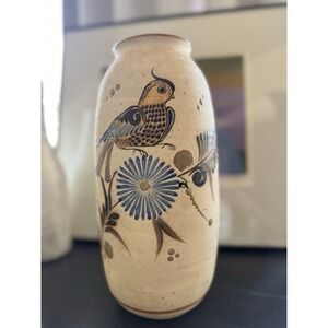 Vintage Tonola Mex Hand painted Pottery Vase Singed Bird Floral Design MCM,  11"